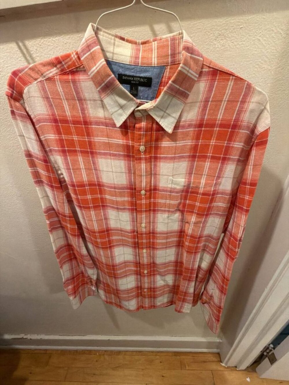 Banana Republic Slim Linen Shirt Orange Plaid L